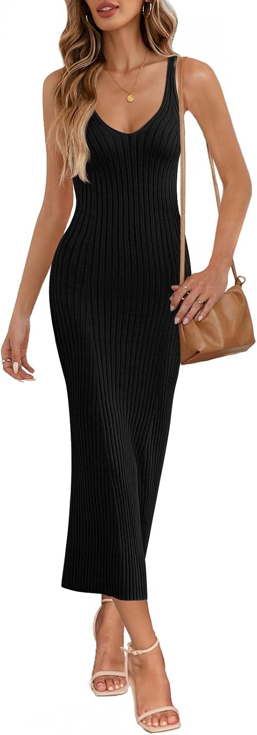 MEROKEETY Womens Summer Bodycon Knit Midi Dress 2026 Deep V Neck Sleeveless Baby Shower Vacation Ribbed Long Sweater Dresses