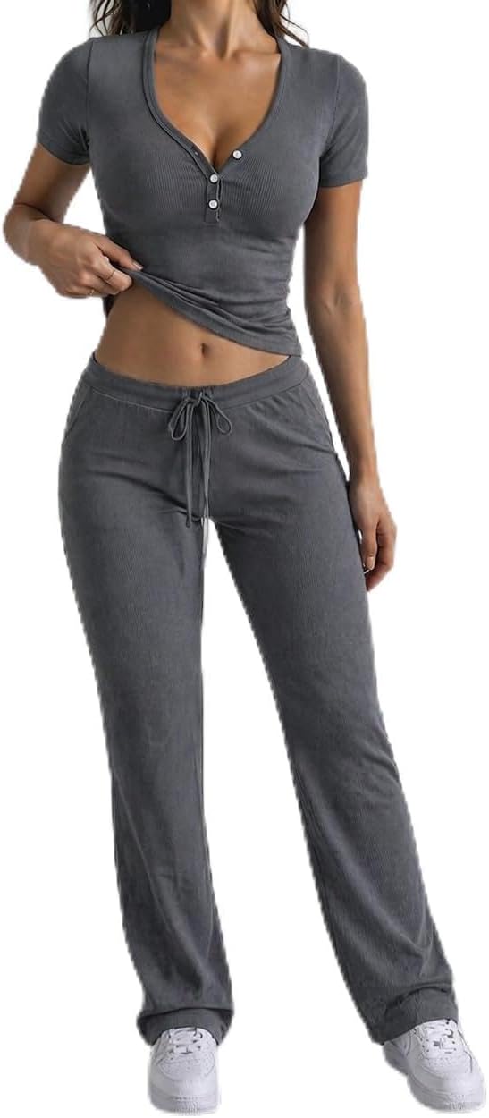 CHICME Womens 2 Piece Set Ribbed Knit Lounge Set Short Sleeve Henley Shirt Top Long Pants Pajamas Travel Outfits with Pockets