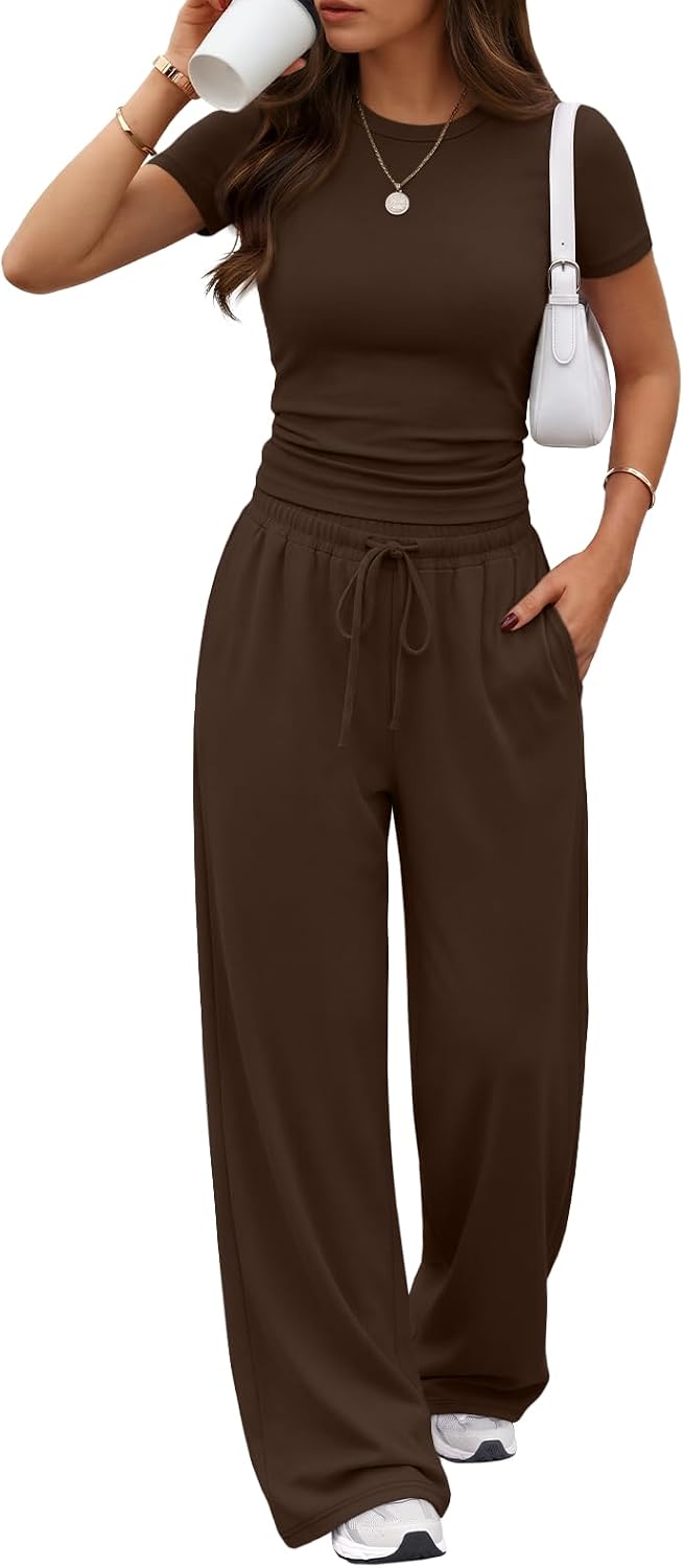 Trendy Queen 2 Piece Matching Summer Lounge Set Womens Side Ruching Top Wide Leg Pants Sets with Pockets