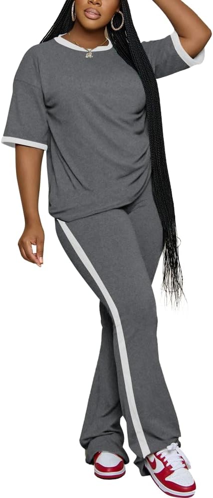 PINSV 2 Piece Sets for Women Summer Casual Short Sleeve Top and Flare Pants Lounge Sets