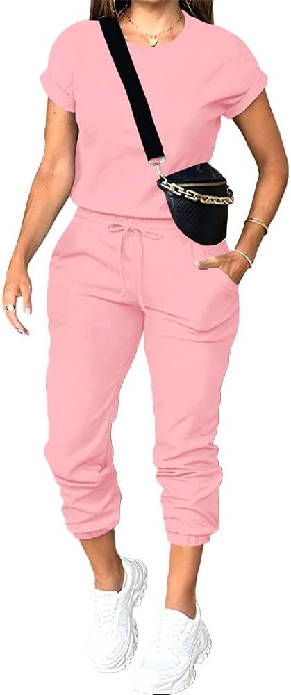 PINSV Women’s 2 Piece Outfits Tracksuit Sets Short Sleeve Tops Jogger Pants with Pockets