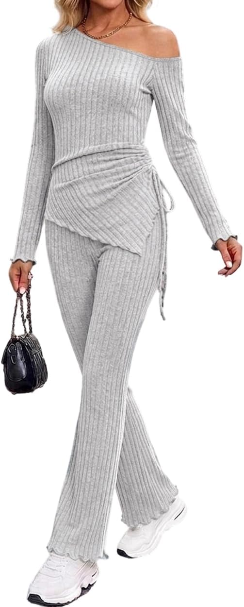 CHICME Womens 2 Piece Lounge Set Ribbed Knit One Shoulder Long Sleeve Top and Flare Leg Pants with Pockets Matching Outfits