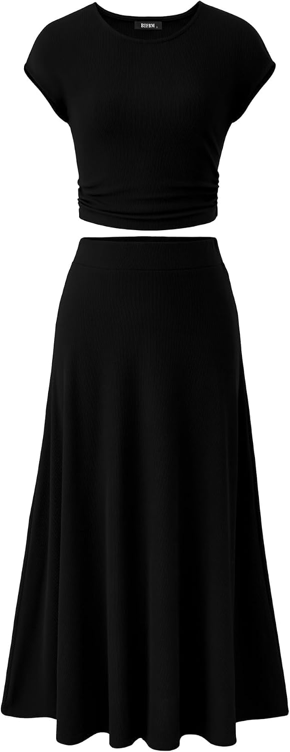 BTFBM Summer Outfits For Women 2026 Two Piece Sets Casual Crew Neck Short Sleeve Cropped Spring Tops Midi Skirt Lounge Set