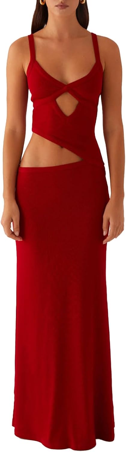 Women Sexy Maxi Dress Cut Out V Neck Spaghetti Straps Bodycon Long Dress Summer Party Cocktail Wear