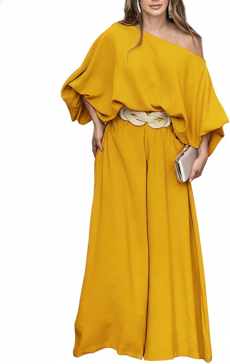 CHICME Women Summer 2 Piece Outfits Off Shoulder Top Flowy Wide Leg Pants Set Vacation Travel Airport Outfits