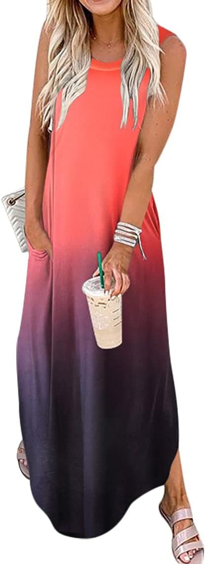 Women’s Loose Sundress Long Dress Sleeveless Split Maxi Dresses 2026 Summer Beach Dress with Pockets