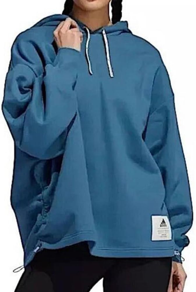 adidas Womens Oversized Boxy Hoodie Sweatshirt Casual Side Cinch, Blue, Medium
