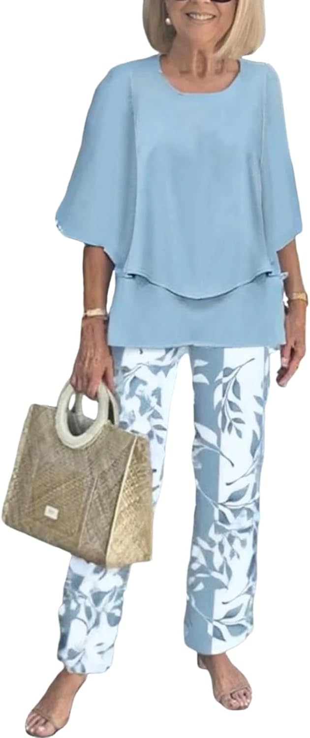 LOZ Lounge Sets for Women 2026 Summer Casual 3/4 Sleeve Shirts Wide Leg Pants Matching Tracksuit Sets Travel Outfits
