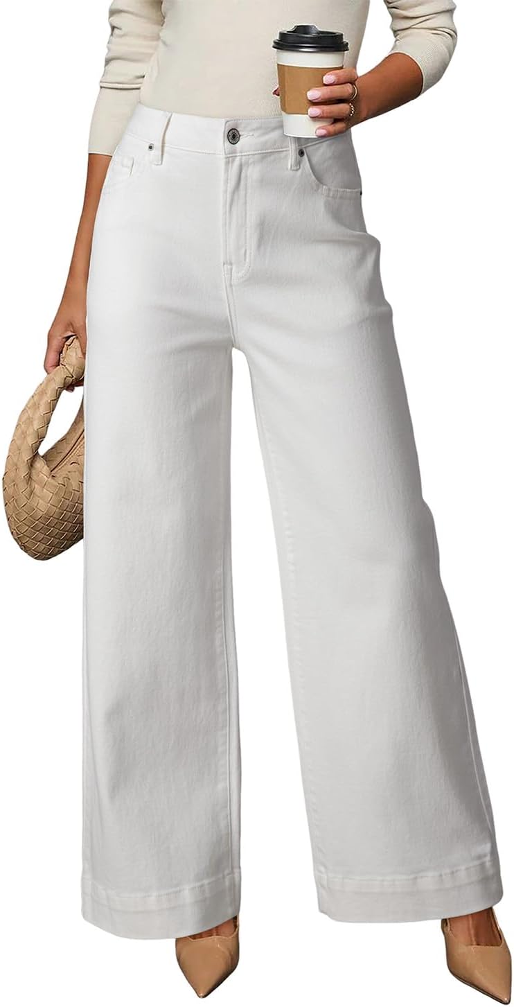 DOKOTOO Women’s Casual High Waisted Jeans Stretch Button Wide Leg Loose Denim Pants with Pockets