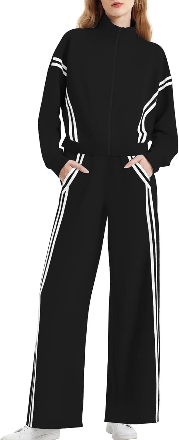 Casly Lamiit Women’s 2 Piece Lounge Outfits Zip Up Sweat Set Contrast Striped Wide Leg Jogging Pants Travel Track Suit