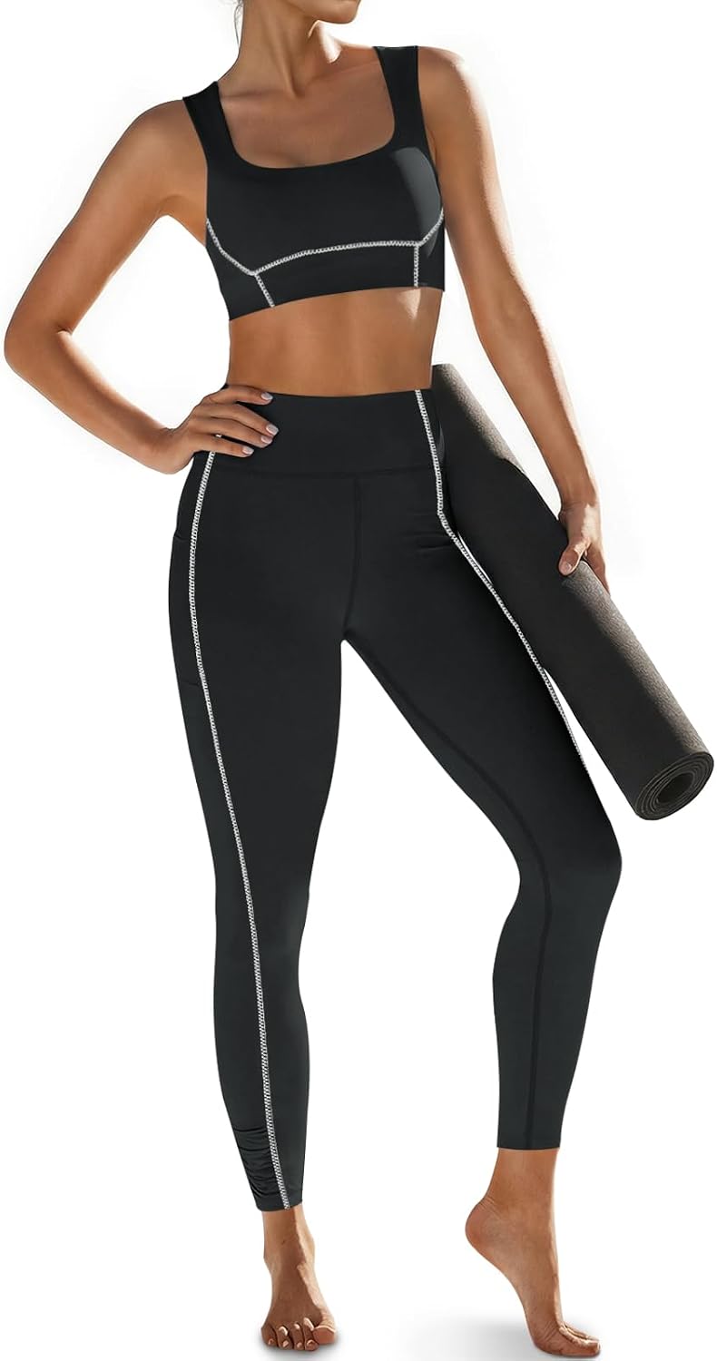 Aoysky Womens Buttery Soft 2 Piece Workout Sets Sports Bras and High Waisted Leggings with Pockets Athletic Gym Outfits