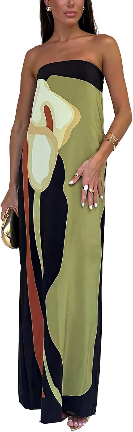 Women Y2k Strapless Maxi Dress Summer Backless Floral Long Tube Dress Off Shoulder Cocktail Party Dress