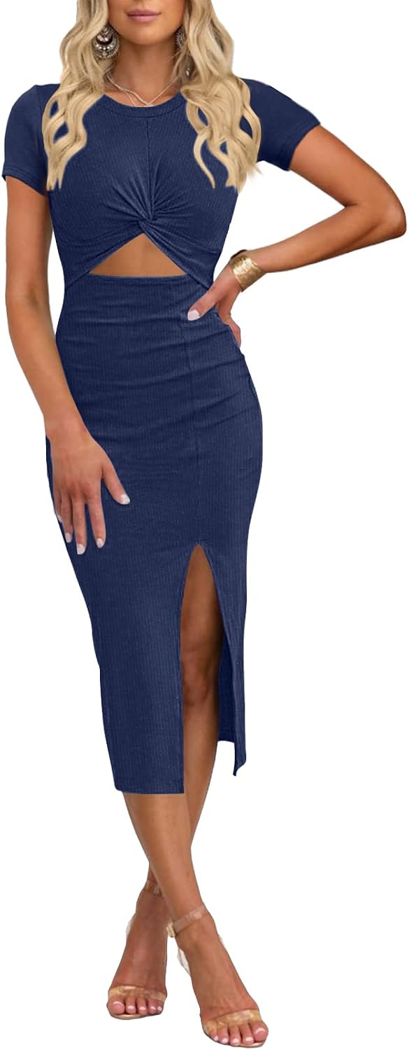 oten Women’s Summer Short Sleeve Cutout Twist Front Side Slit Ribbed Knit Party Club Bodycon Midi Dresses