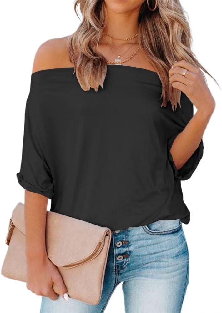 Dressmine Womens Summer Off the Shoulder Shirts Casual Sexy One Shoulder Tops Casual Loose Short Sleeve Blouses Tshirts Tunic