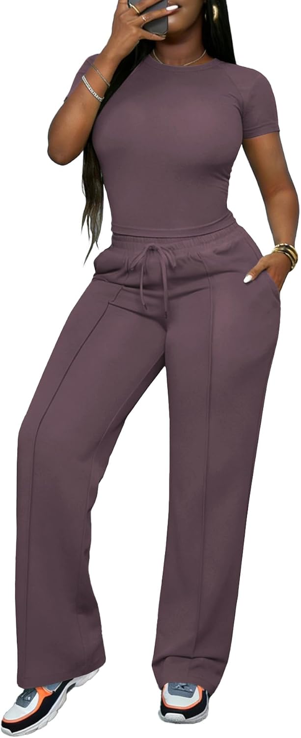 HBQ Women’s 2 Piece Outfits Casual Lounge Sets Short Sleeve Tops Wide Leg Pants for Daily Wear Workout Travel