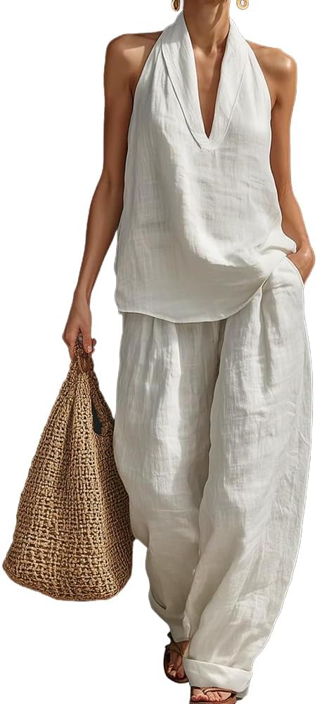 Linen Sets for Women 2 Piece,Outfits Sleeveless Linen Two Piece Set Women Wide Leg Pants Summer Loungewear
