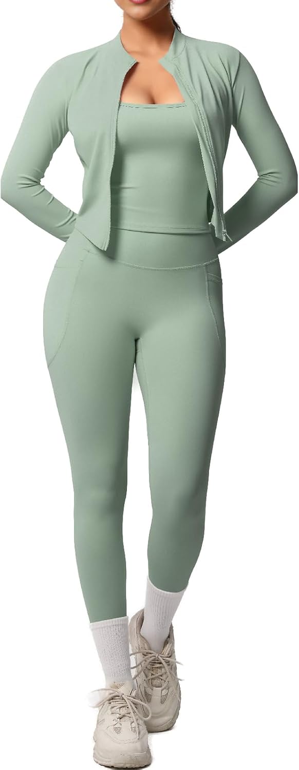 3-Piece Women’s Workout Set – Zip Jacket, Strappy Tank & High-Waist Pocket Leggings – Stretchy Outfit