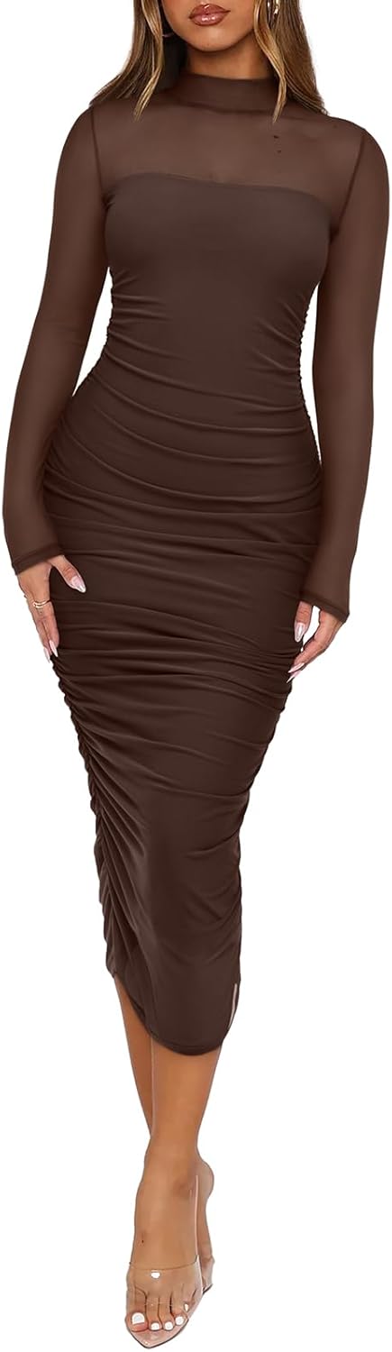 REORIA Women’s Fall Mesh Sheer Long Sleeve Midi Ruched Bodycon Dress Mock Neck Elegant Evening Party Cocktail Dresses
