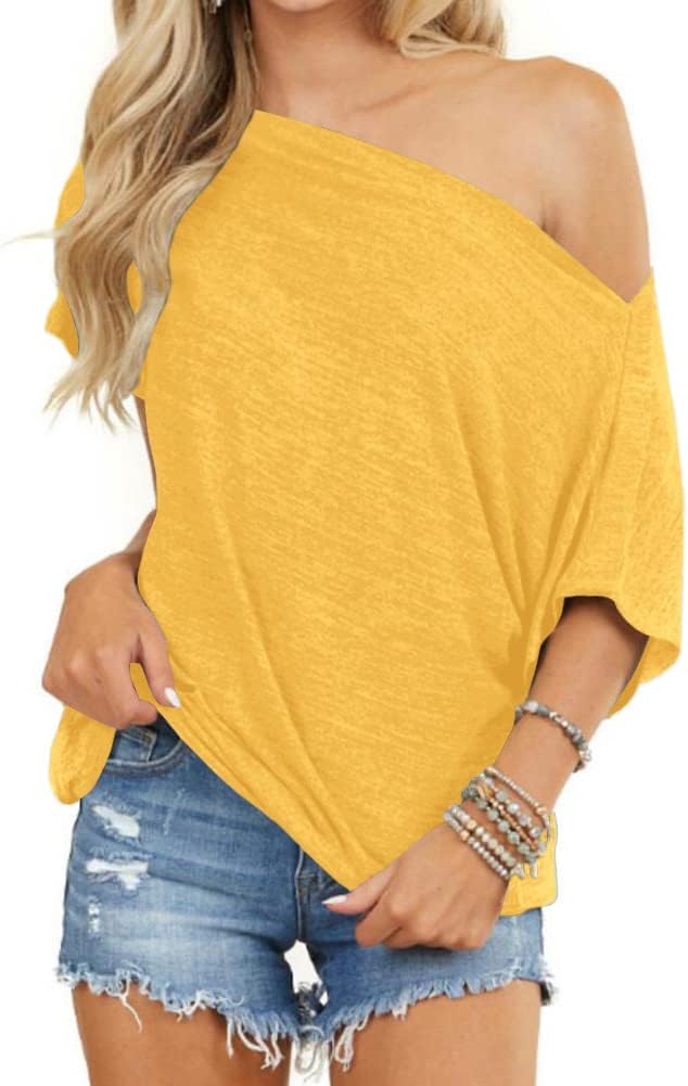 REVETRO Womens Sexy Off The Shoulder Tops Summer Trendy Short Batwing Sleeve Loose T-Shirts Casual Shirts