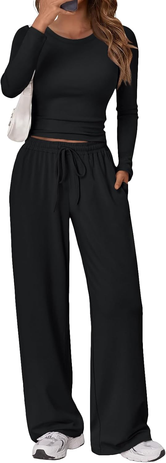 Trendy Queen Women’s 2 Piece Matching Lounge Set Long Sleeve Side Ruching Top Wide Leg Drawstring Pants Set with Pockets