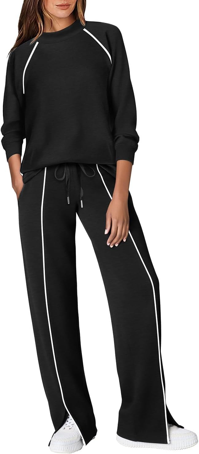 WIHOLL 2 Piece Sets for Women Airport Travel Outfits Track Suits Sweat Sets | lightweight,casual daily wear,Mock neck sweatshirt matching wide leg sweatpants set,pinping,with pockets,petite to tall women