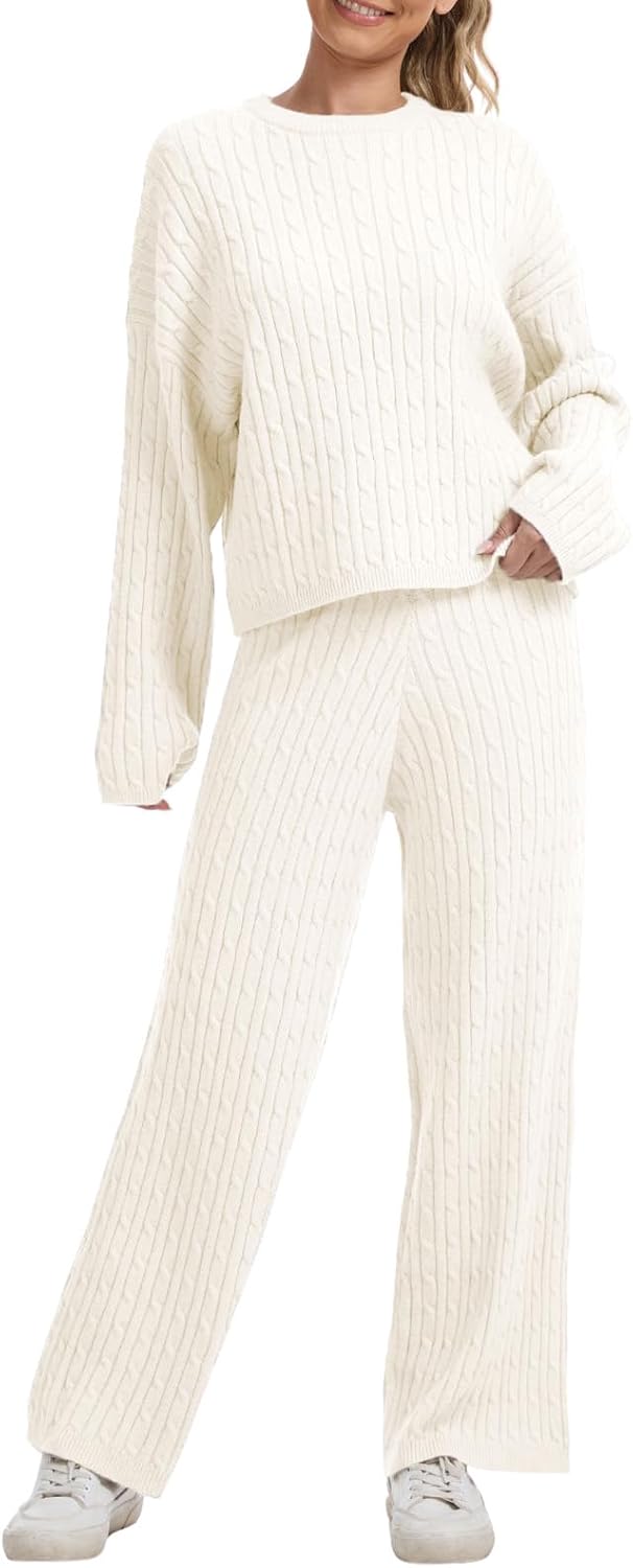 AnotherChill Women’s Cable Knit Sweater Lounge Set – Long Sleeve Pullover Top with Wide Leg Pants, 2 Piece Cozy Outfit