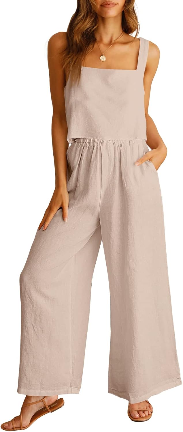 ANRABESS Women’s 2 Piece Outfits Linen Pants Jumpsuit Matching Lounge Set Casual Summer Beach Vacation Trendy Clothes