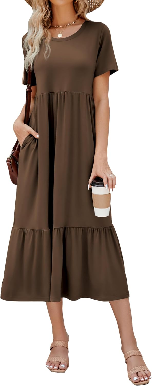 Summer Dresses for Women Flowy Maxi Sundress Short Sleeve Tiered Beach Dress with Pockets 2026 Vacation Travel