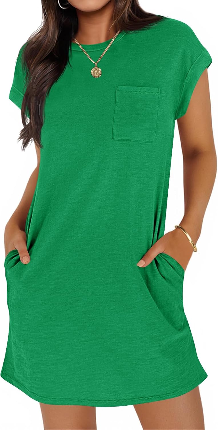 Wenrine Women’s Summer T Shirt Dress Casual Short Sleeve Crewneck Loose Fit Mini Dresses with Pockets