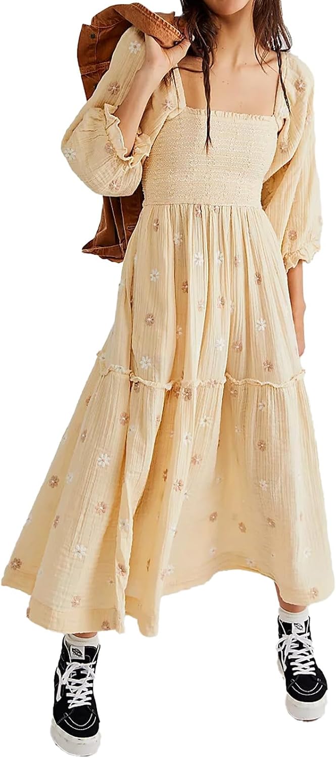 ABYOVRT Women Floral Embroidered Maxi Dress Long Puff Sleeve Square Neck Bohemian Flowy Dress with Pockets Summer Fall