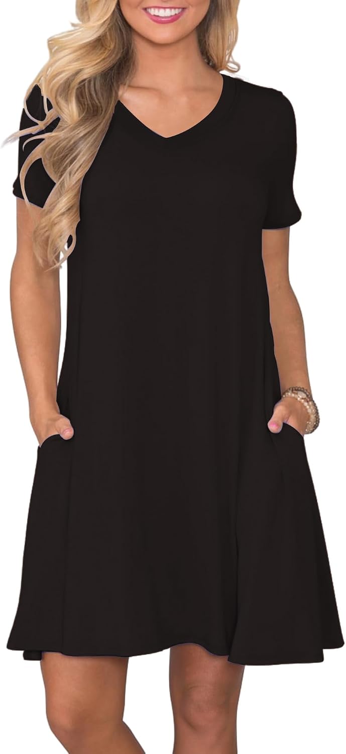 COSSEN Women’s Casual T Shirt Dress V-Neck Short Sleeves Swing Dresses Birthday Party Summer Travel Beach with Pocket