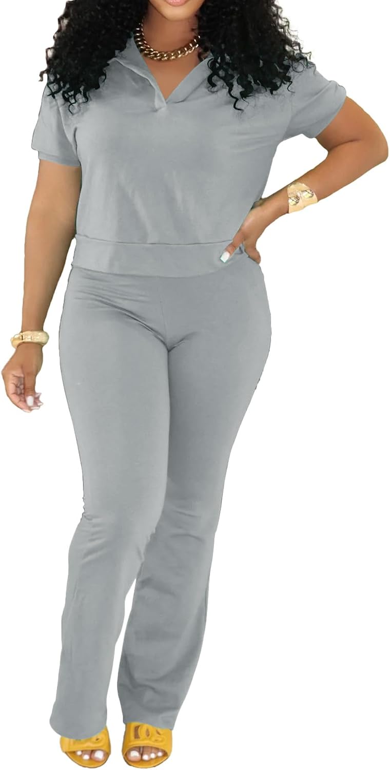 PINSV 2 Piece Sets For Women Casual V Neck Lounge Sets Short Sleeve Top Flare Pants Daily Tracksuit