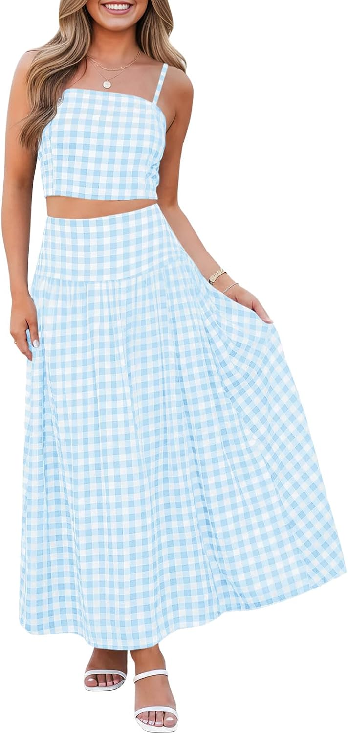 Wenrine Womens 2 Piece Skirt Sets Summer Gingham Crop Tops Midi Skirt | Dress Set, Travel Vacation Outfits, Matching Sets, High Waist, Cami