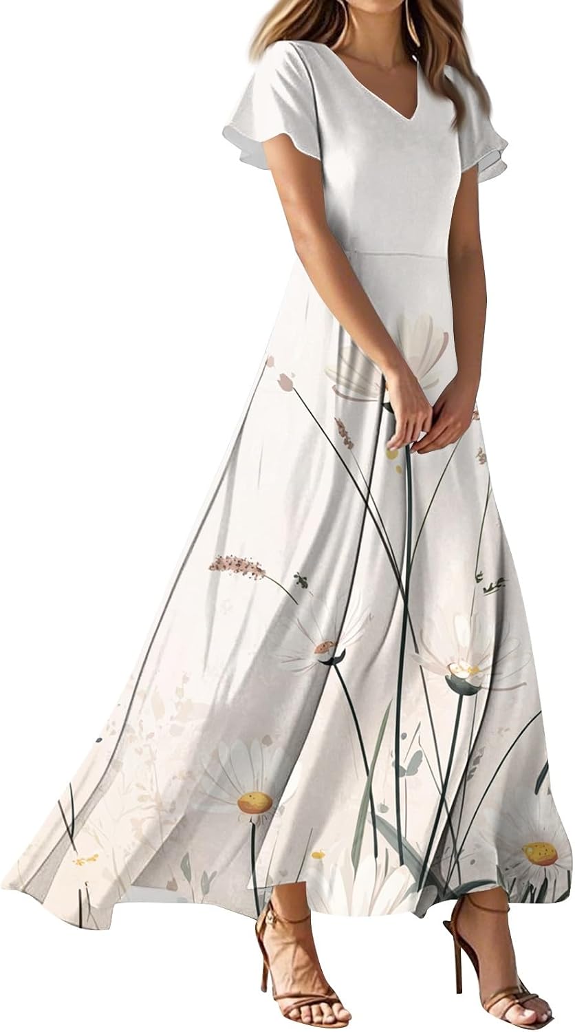 Flowy Dresses for Women 2025 Summer Maxi Boho Floral Dress Hawaiian Beach Long Sundresses Vacation Outfits