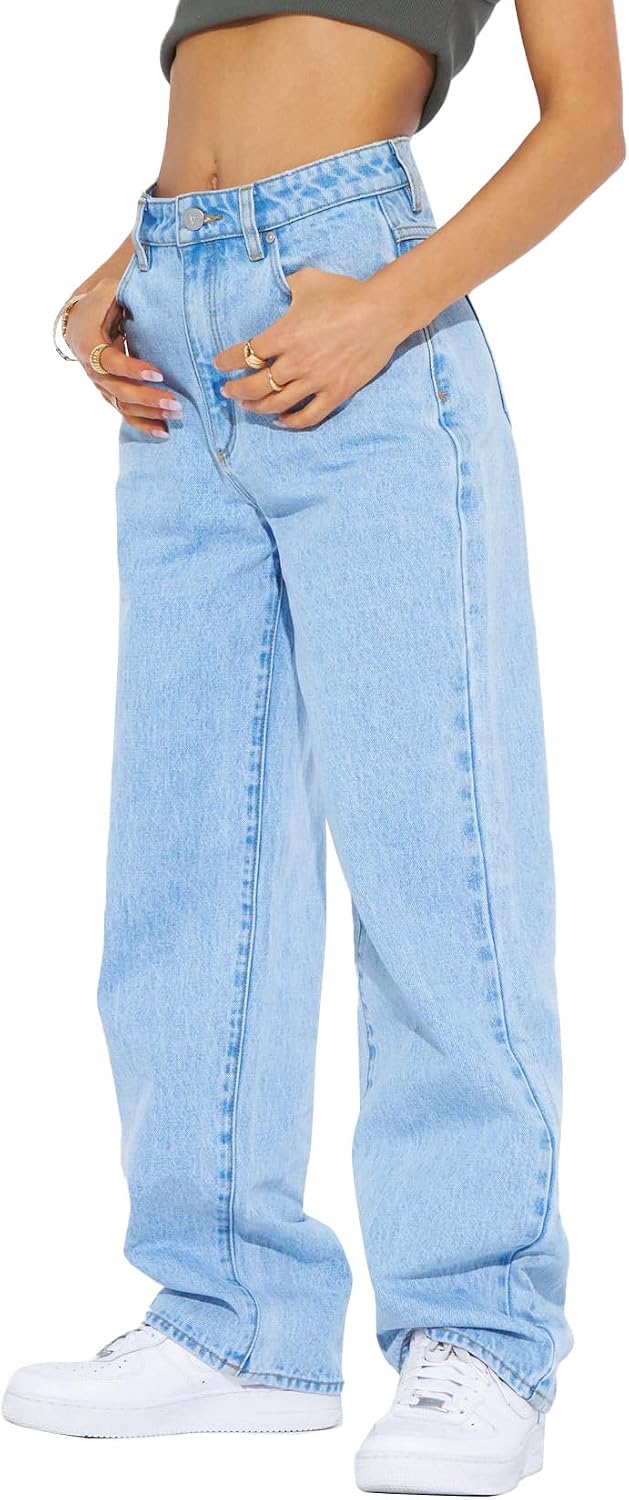 PLNOTME Women’s High Waisted Boyfriend Baggy Jeans Straight Leg Casual Denim Pants
