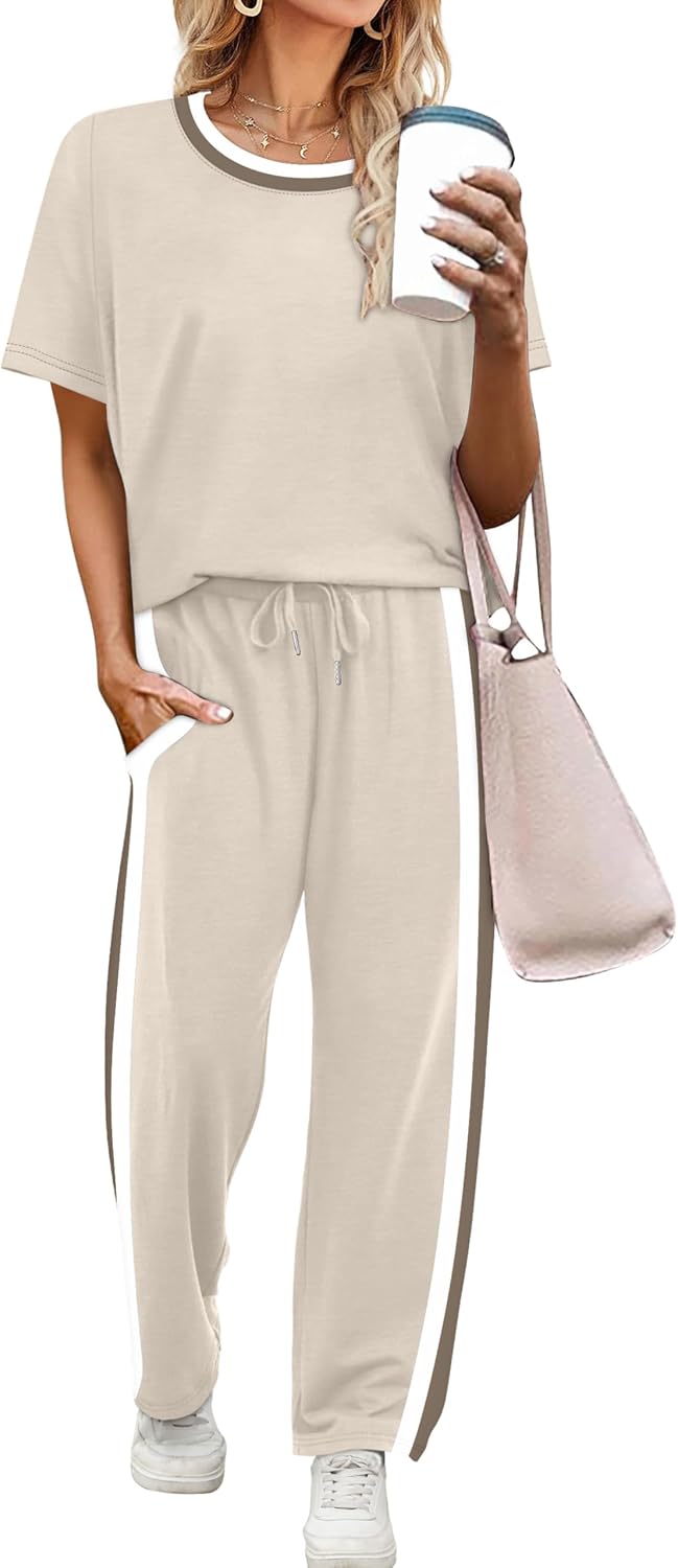 WIHOLL 2 Piece Lounge Sets for Women Matching Set Summer Outfits Short Sleeve Tops Wide Leg Pants with Pockets