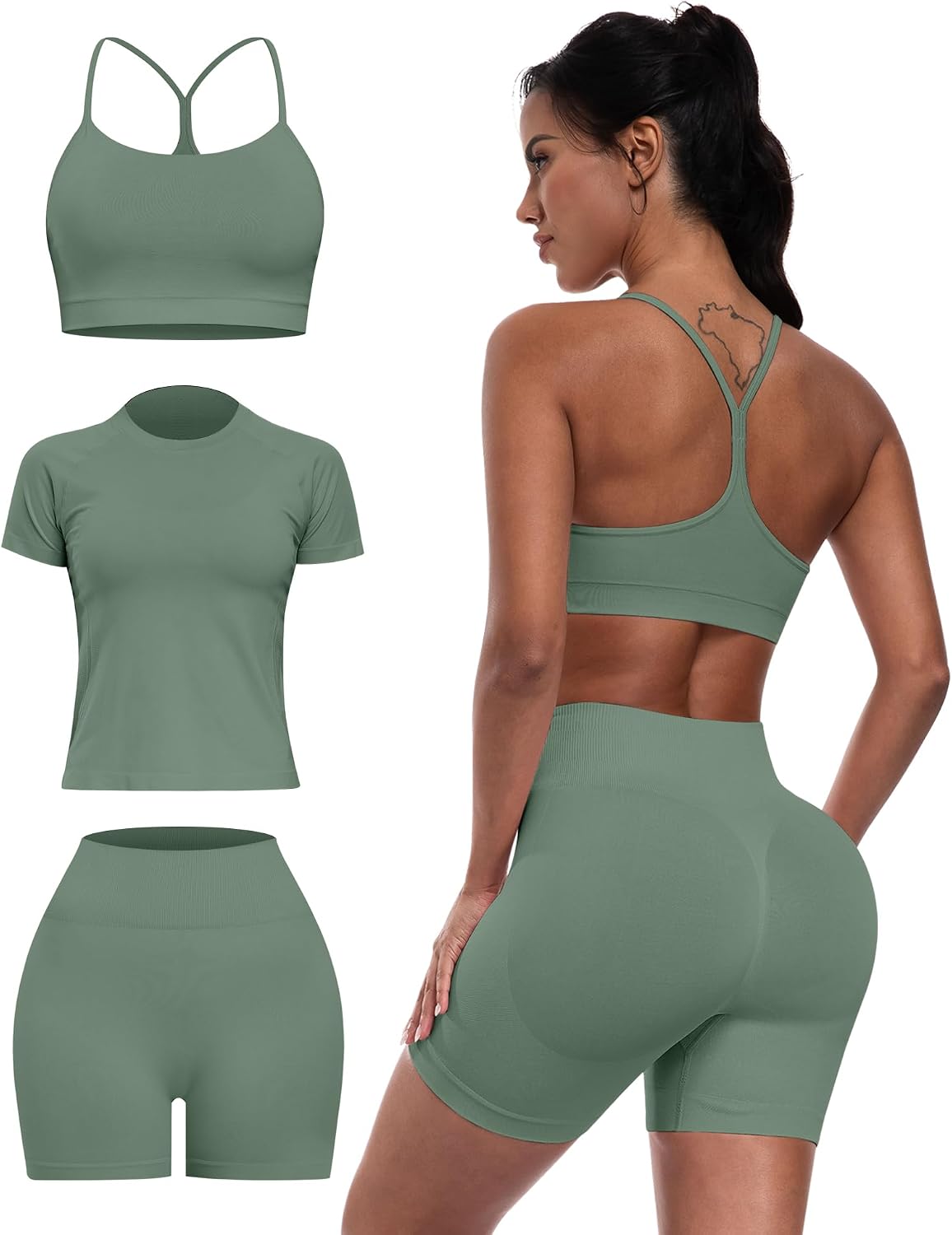 Women 3 Piece Workout Sets Seamless Running Tops Athletic Gym Yoga Short Y Back Sports Bras Outfits
