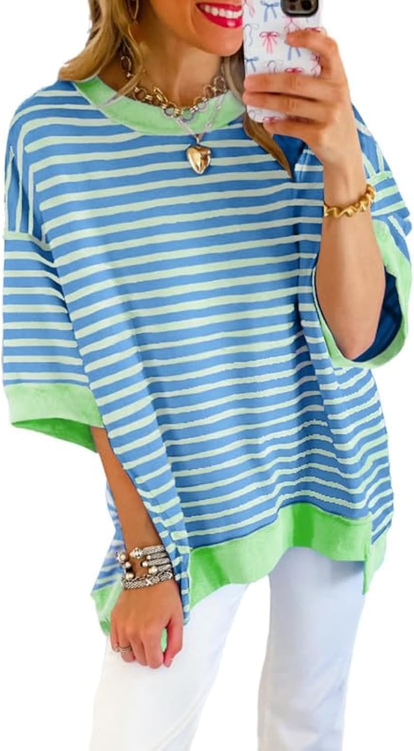 SHEWIN Womens Tops Casual Short Sleeve Sweatshirt Crewneck Striped Shirt Pullover T Shirts Loose Blouses