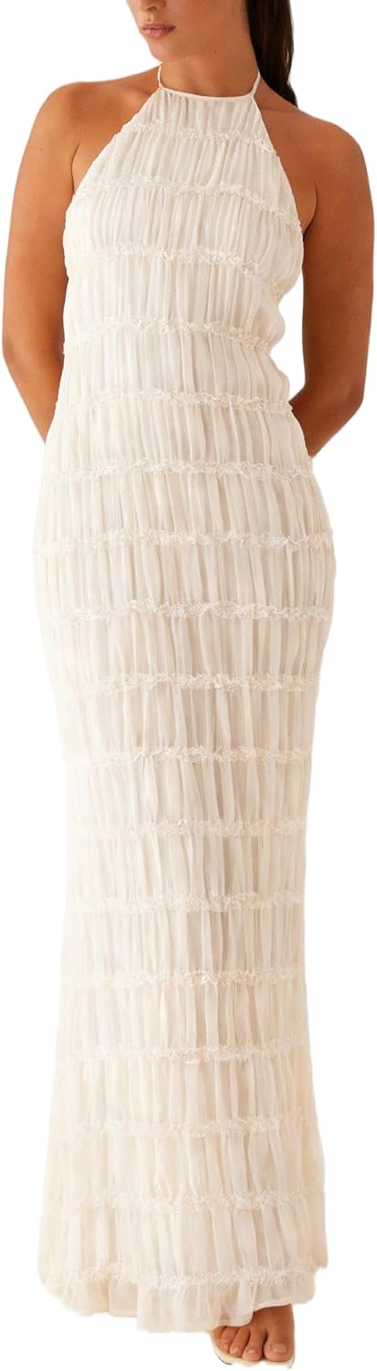 Yiulangde Flowy Boho Beach Dress for Women Halter Backless Smocked Vacation Long Dress Sexy Off Shoulder Resort Maxi Sundress