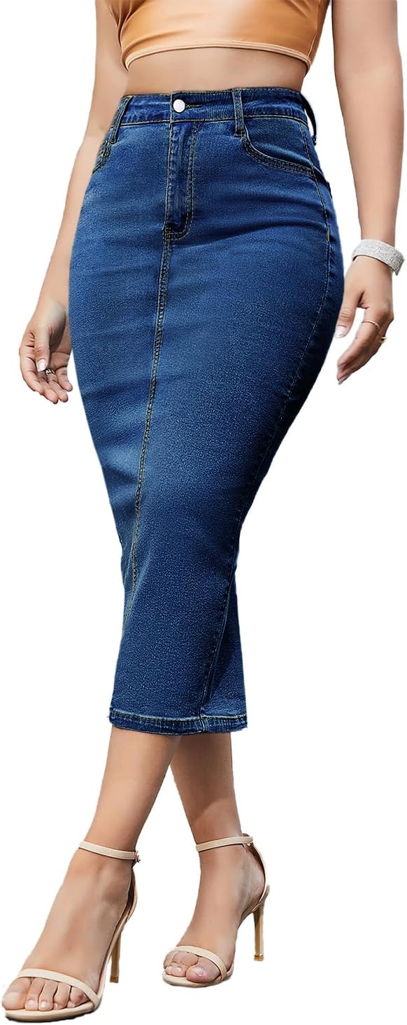 Women’s Long Jean Skirts Stretch Denim Midi Skirts with Back Slit Bodycon Mid Waisted A Line Dress with Pockets