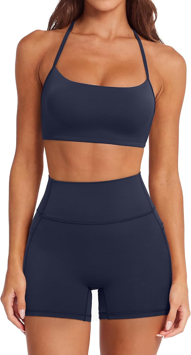 SUUKSESS Women 2 Piece Workout Sets Padded Halter Sports Bras High Waisted Biker Shorts with Pockets