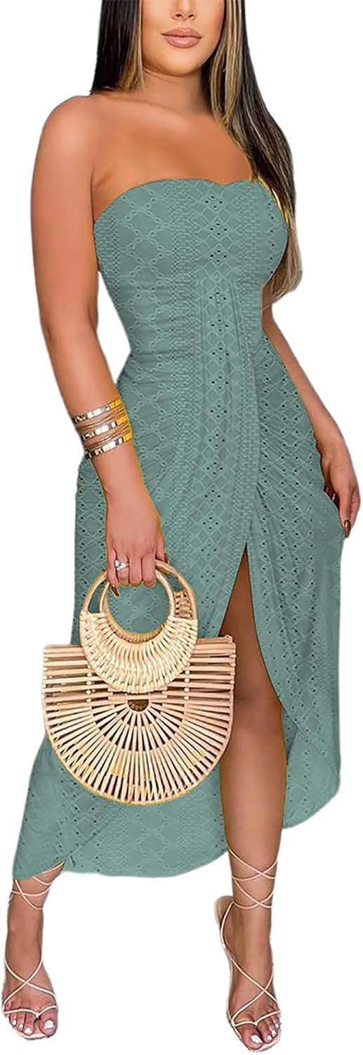 CHICME Women’s Strapless Maxi Bodycon Dresses Wrap Asymmetrical Beach Maxi Long Dress Beach Sunset Dress
