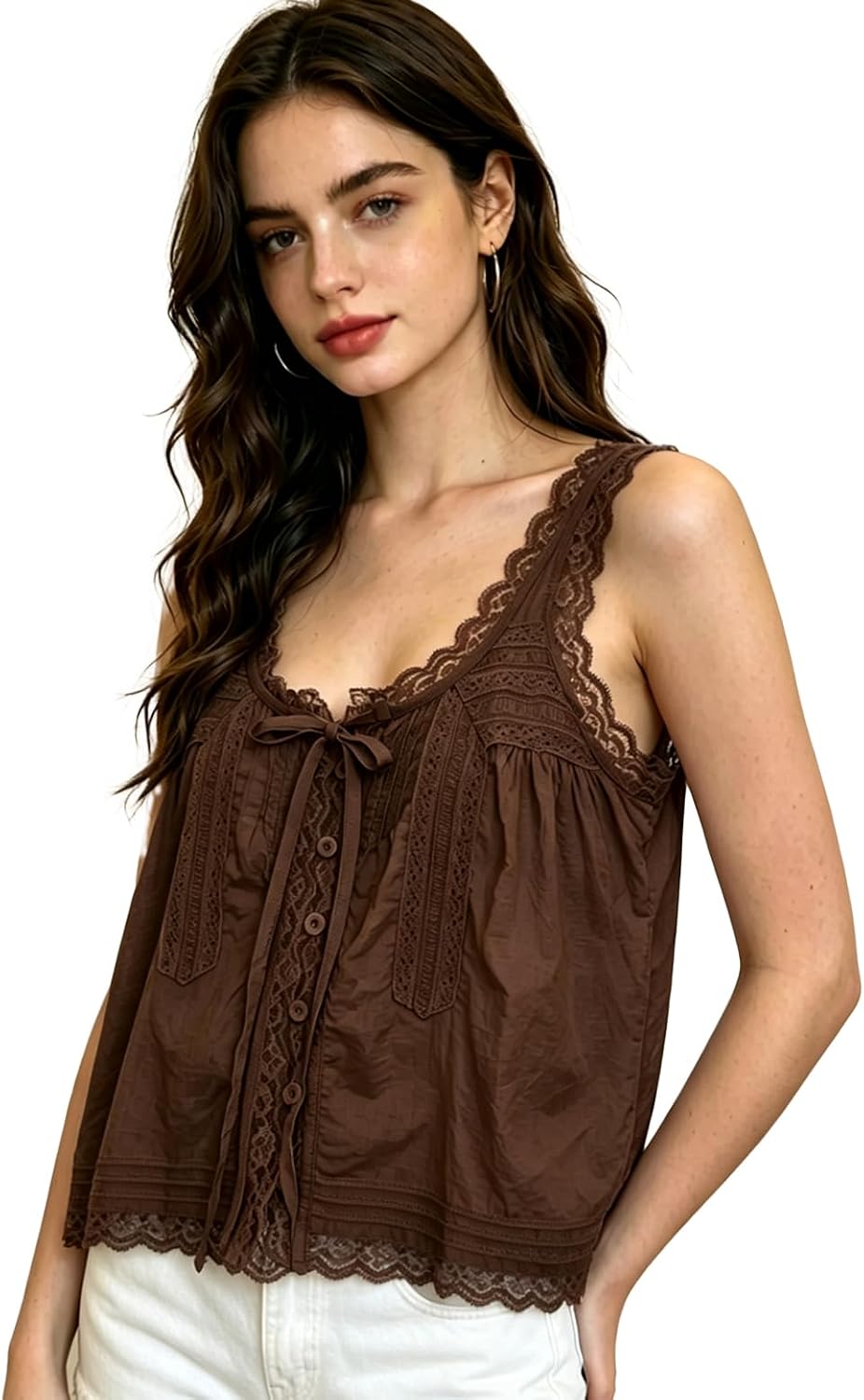 Women’s Boho Lace Trim Tie Front Tank Top, 100% Cotton Button Down Flowy Crop Top, Summer Vacation Beach Top