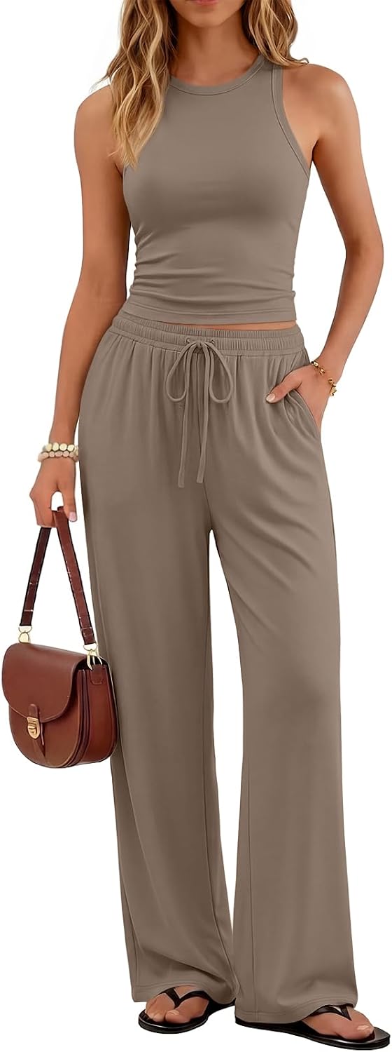 Trendy Queen Women’s Summer 2 Piece Lounge Set Matching Outfits 2026 | Butter Soft Tank Top, High Waisted Wide Leg Pants, With Pockets