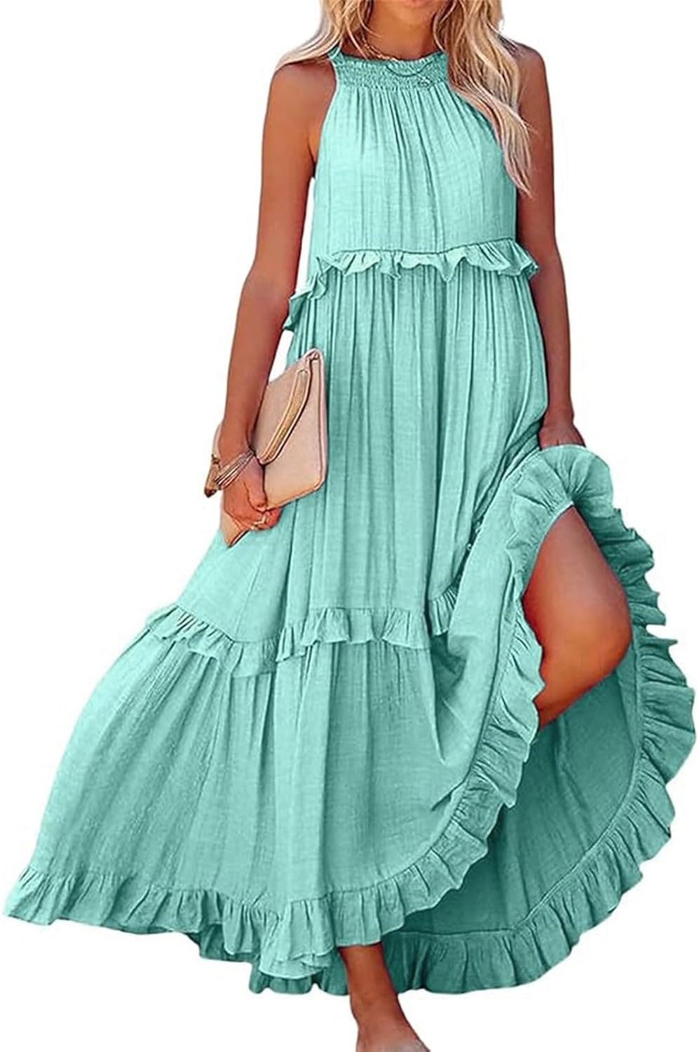 Summer Cocktail Dresses for Women Sleeveless Flowy Swing Smocked Ruffle Beach Dress Boho Beach Tiered Sundress