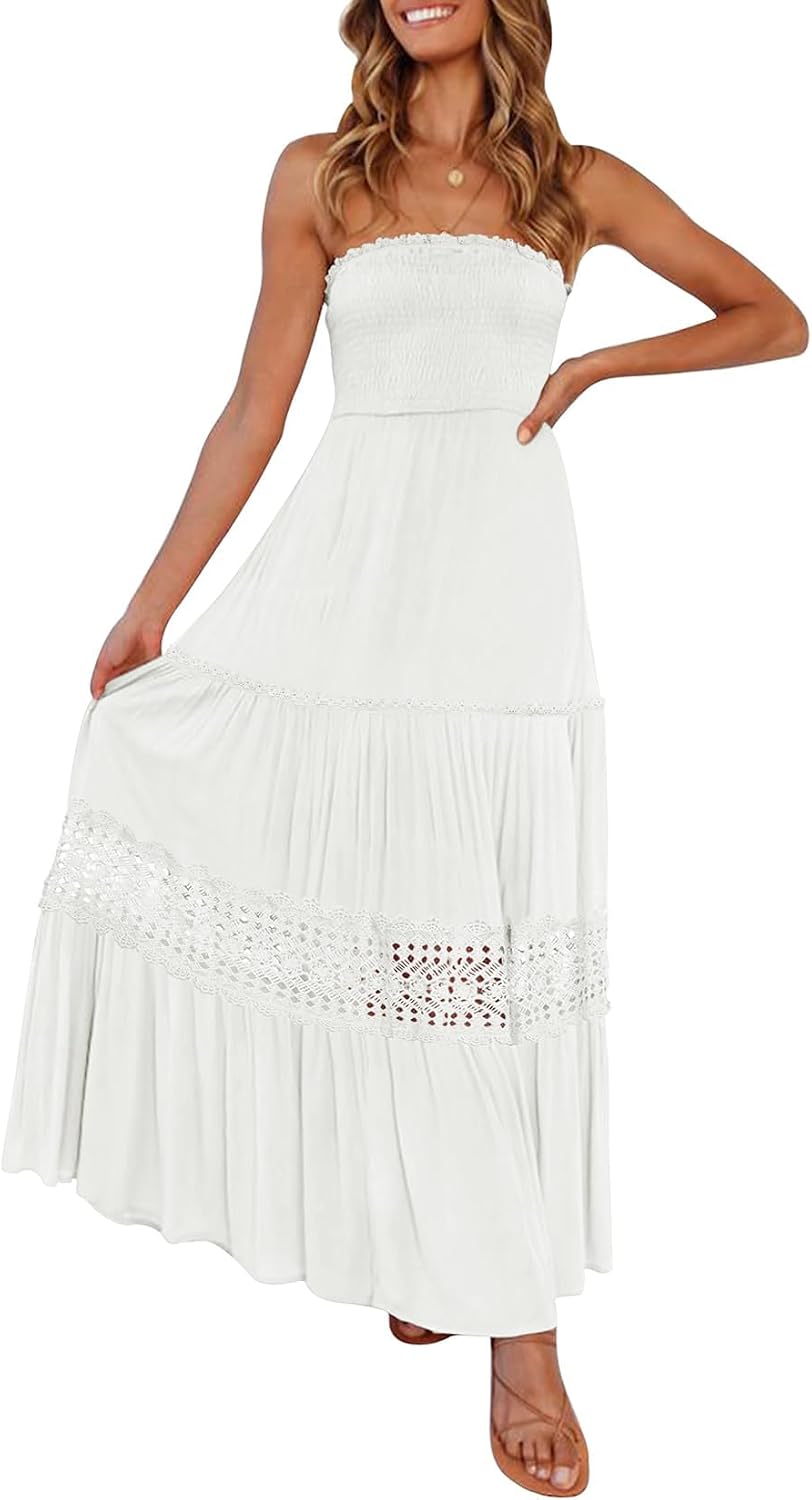 ZESICA Women’s 2026 Summer Boho Maxi Dresses Strapless Off Shoulder Lace Flowy A Line Beach Vacation Long Sundress