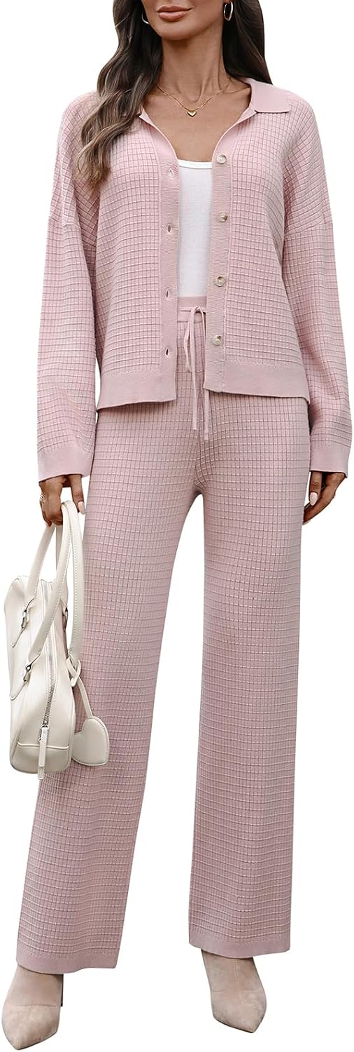 Womens 2 Piece Outfits Textured Knit Sweater Sets Button Down Cardigan and Pants Matching Lounge Set