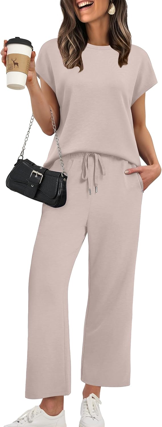 XIEERDUO Women’s Cap Sleeve Lounge Sets 2 Piece Travel Outfits Airport Tracksuits Wide Leg Loungewear S-3XL