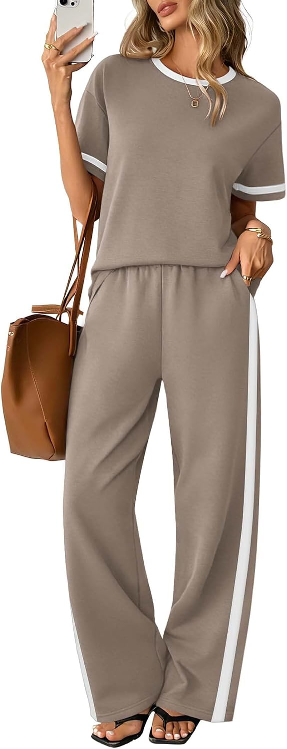 Sampeel 2 Piece Sets for Women Matching Sets Summer Outfits Resort Wear Short Sleeve Lounge Set Wide Leg Pants with Pockets