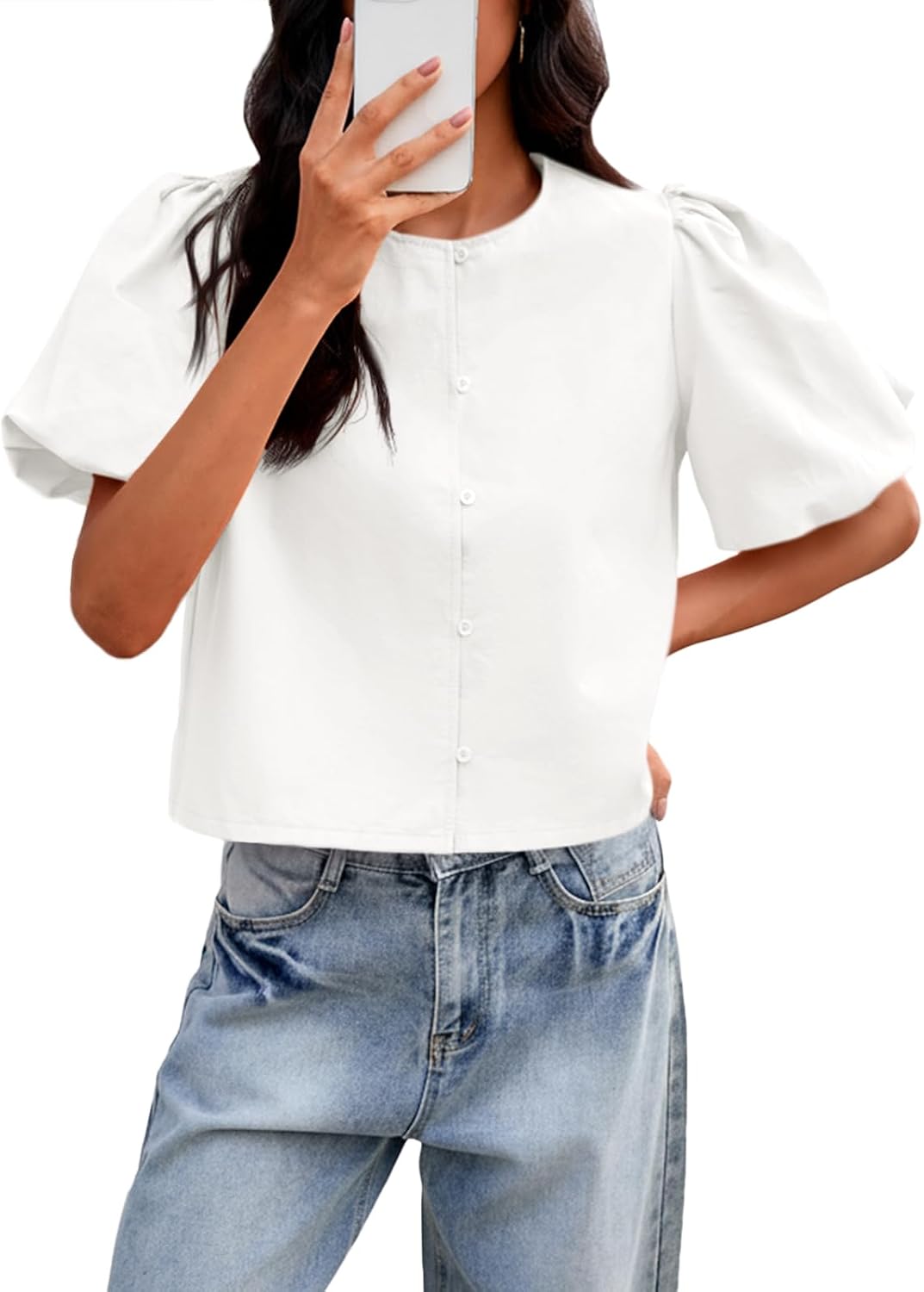 Tankaneo Womens Cropped Tops Puff Sleeve Button Down Shirts Trendy Casual Loose Fit Cute Blouse